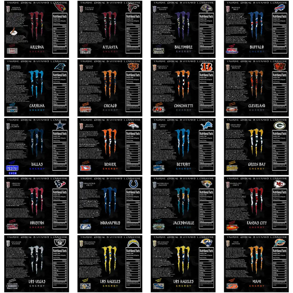 NFL team-themed Monster Energy drink labels with vibrant logos and nutritional facts for print-ready designs.