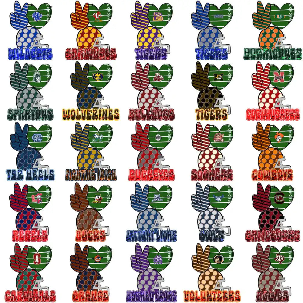 College football team designs with helmets, peace signs, and heart shapes for DTF/DTG printing