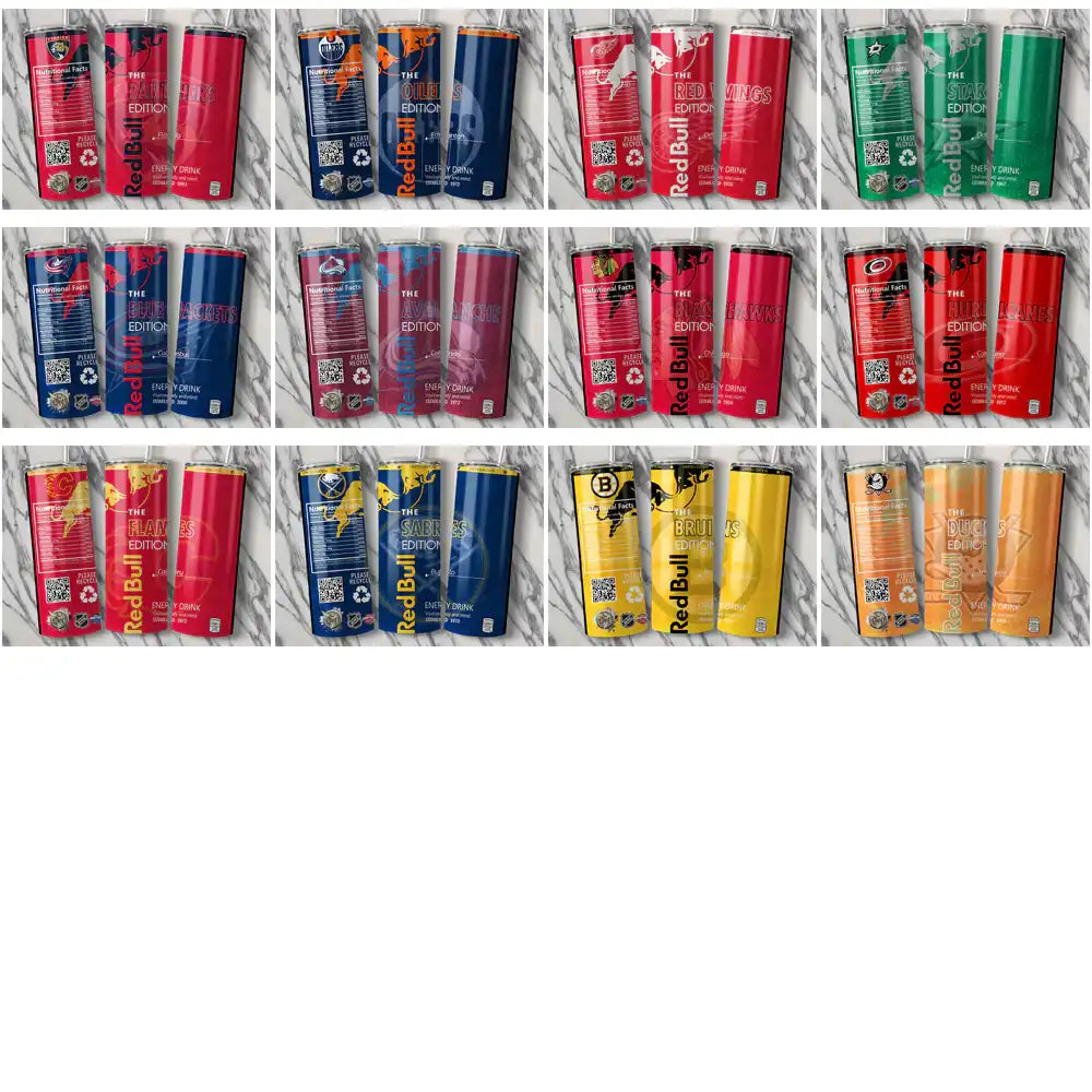 Red Bull energy drink cans featuring NHL team editions like Panthers, Oilers, Red Wings, Stars, and more.