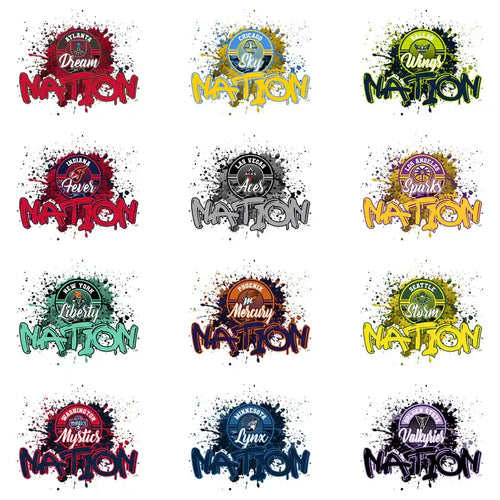 Vibrant 'Nation' sports team designs with splatter effects, ideal for DTF/DTG and embroidery projects.