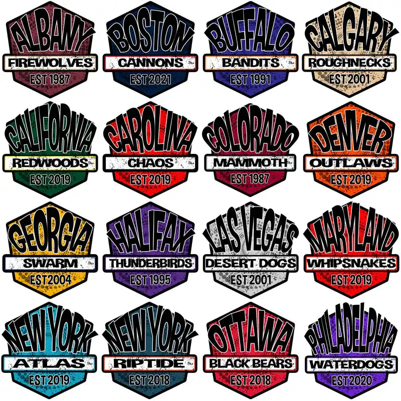 Collection of sports team logos with city names and establishment years, ideal for DTF/DTG and embroidery designs.