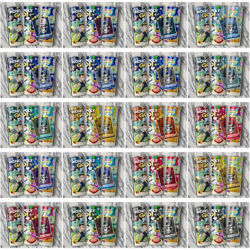 Monopoly Go! themed tumbler wrap designs, print-ready for DTF/DTG, featuring game characters and slogans