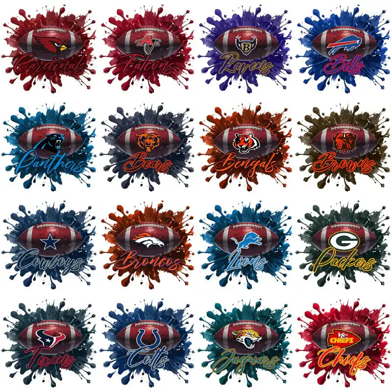 NFL team logos with paint splatter designs for DTF/DTG and embroidery