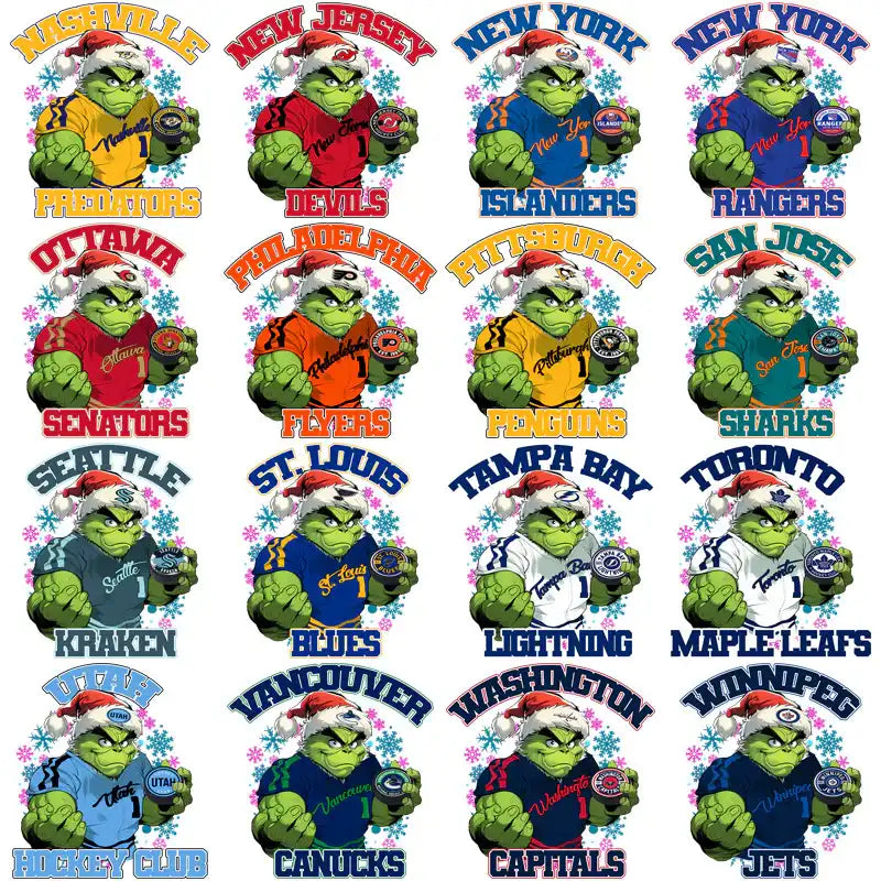 Grinch in NHL team jerseys with Santa hats, festive hockey designs for DTF/DTG prints