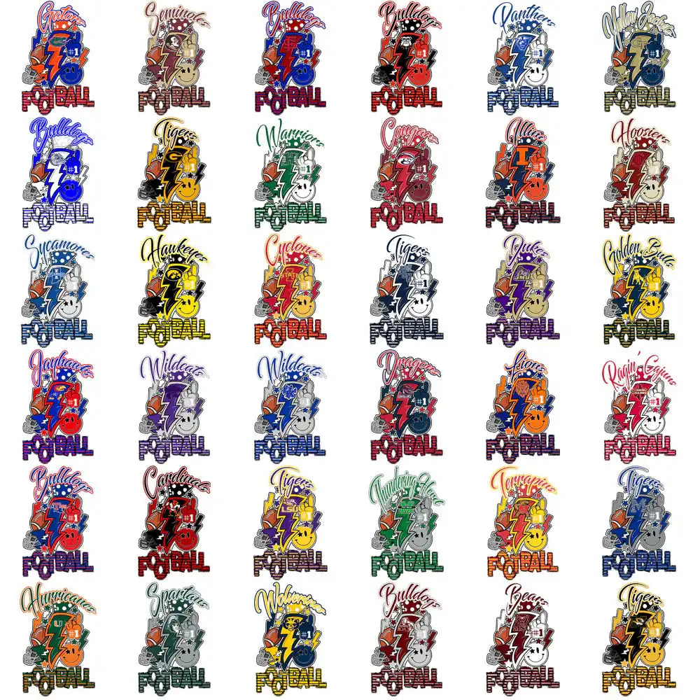 Colorful football team designs with helmets, lightning bolts, and mascots for DTF, DTG, embroidery