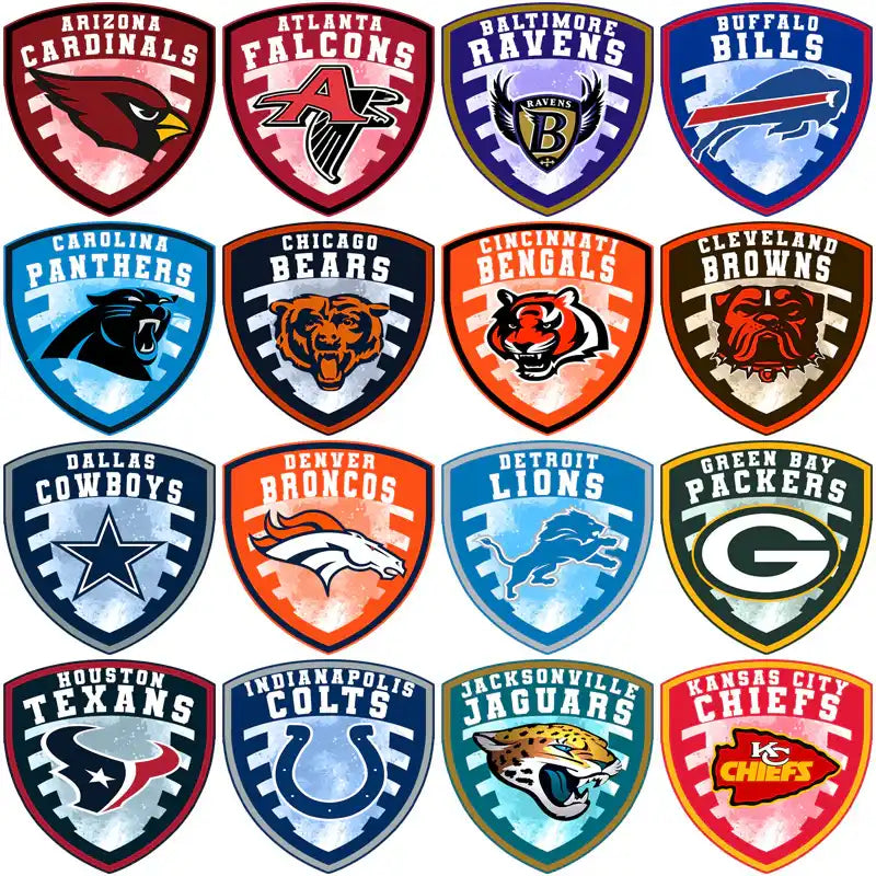 NFL team logos including Cardinals, Falcons, Ravens, Bills, Panthers, Bears, Bengals, Browns, Cowboys, Broncos, Lions, Packers, Texans, Colts, Jaguars, Chiefs