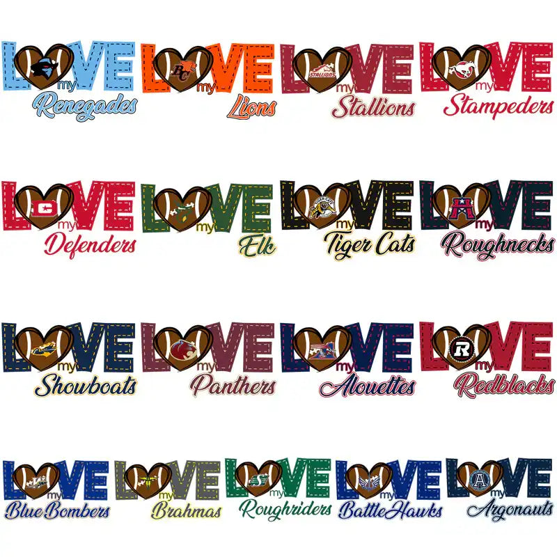 Love My Team football designs with heart-shaped footballs and team names for DTF, DTG, embroidery