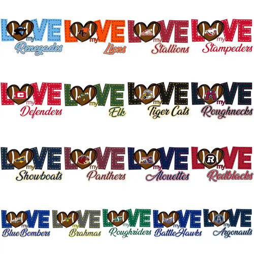 Love My Team football designs with heart-shaped footballs and team names for DTF, DTG, embroidery