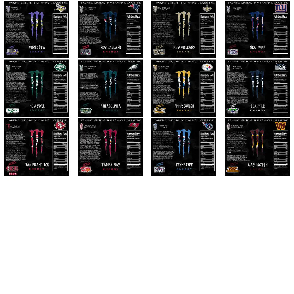 NFL team-themed Monster Energy drink labels with vibrant logos and nutritional facts for print-ready designs.