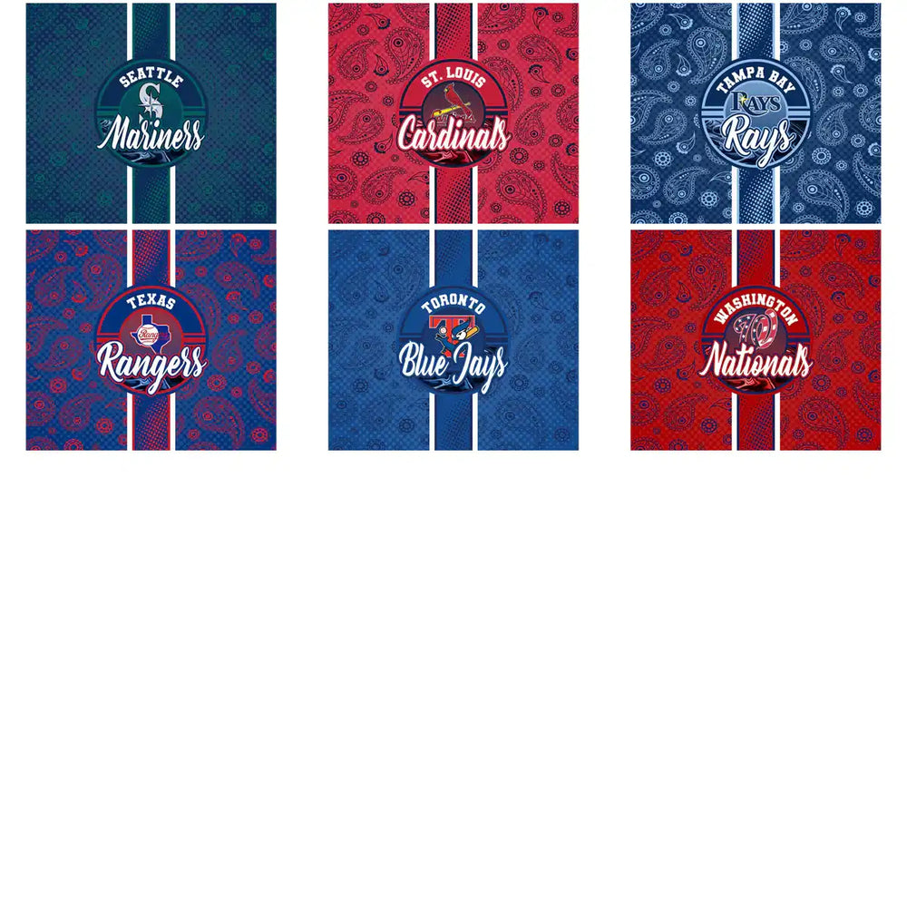 MLB team logos with paisley patterns: Mariners, Cardinals, Rays, Rangers, Blue Jays, Nationals