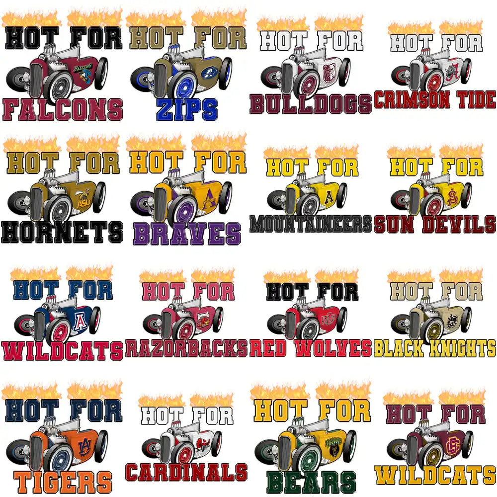 Hot Rod Race Car Designs for Teams like Falcons, Zips, Bulldogs, Crimson Tide, Hornets, Braves, Mountaineers, Sun Devils, Wildcats, Razorbacks, Red Wolves, Black Knights, Tigers, Cardinals, Bears