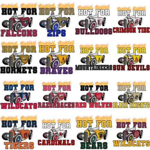 Hot Rod Race Car Designs for Teams like Falcons, Zips, Bulldogs, Crimson Tide, Hornets, Braves, Mountaineers, Sun Devils, Wildcats, Razorbacks, Red Wolves, Black Knights, Tigers, Cardinals, Bears