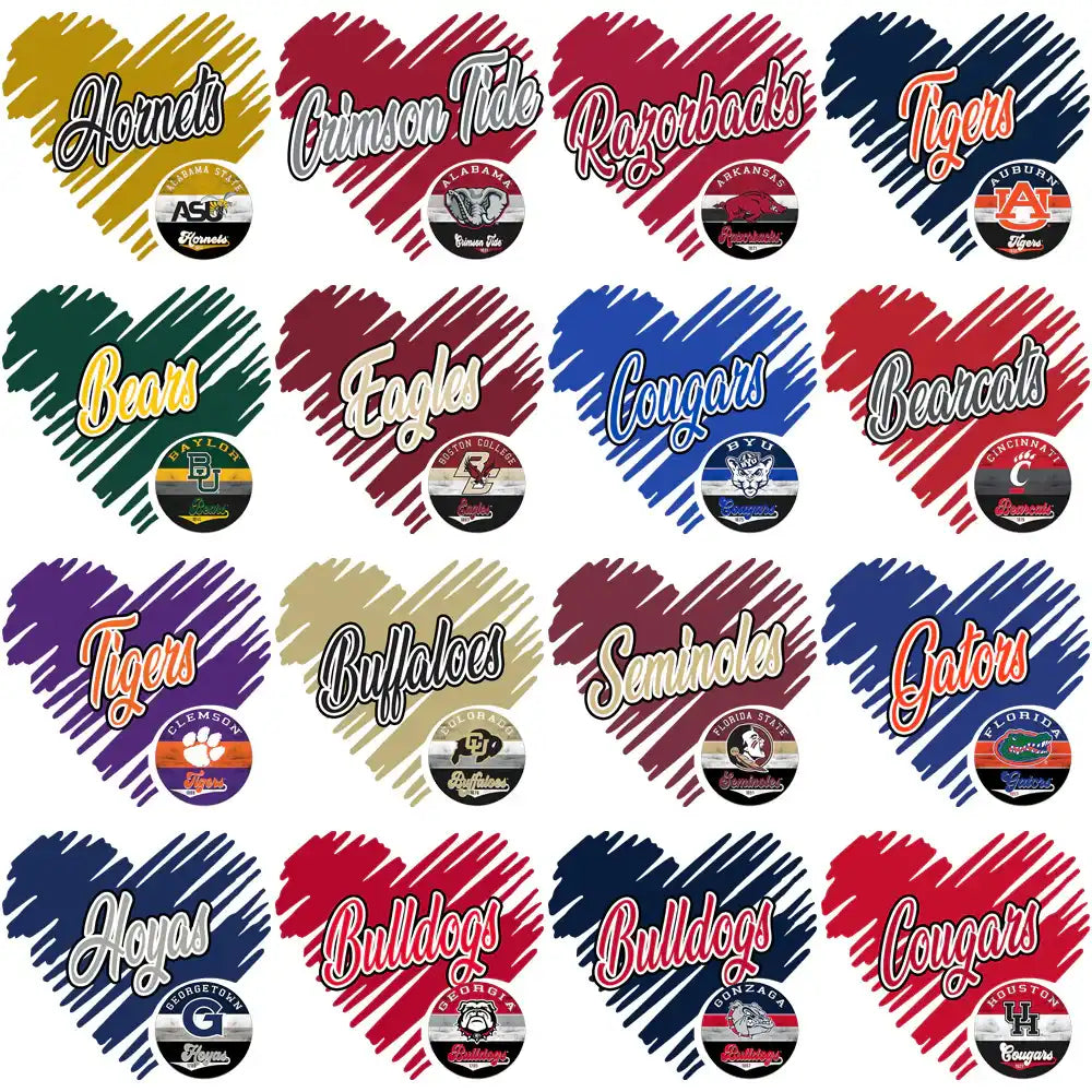 College team heart designs for DTF, DTG, embroidery — Hornets, Tigers, Bulldogs, Gators & more