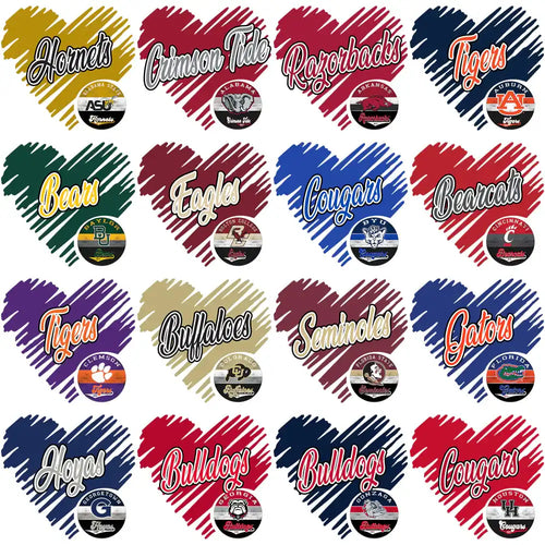 College team heart designs for DTF, DTG, embroidery — Hornets, Tigers, Bulldogs, Gators & more