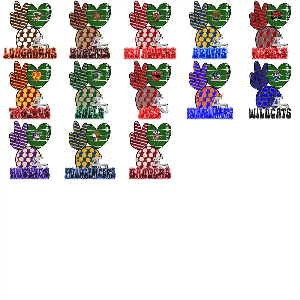 Football team designs with peace signs, helmets, and polka dots for DTF/DTG and embroidery