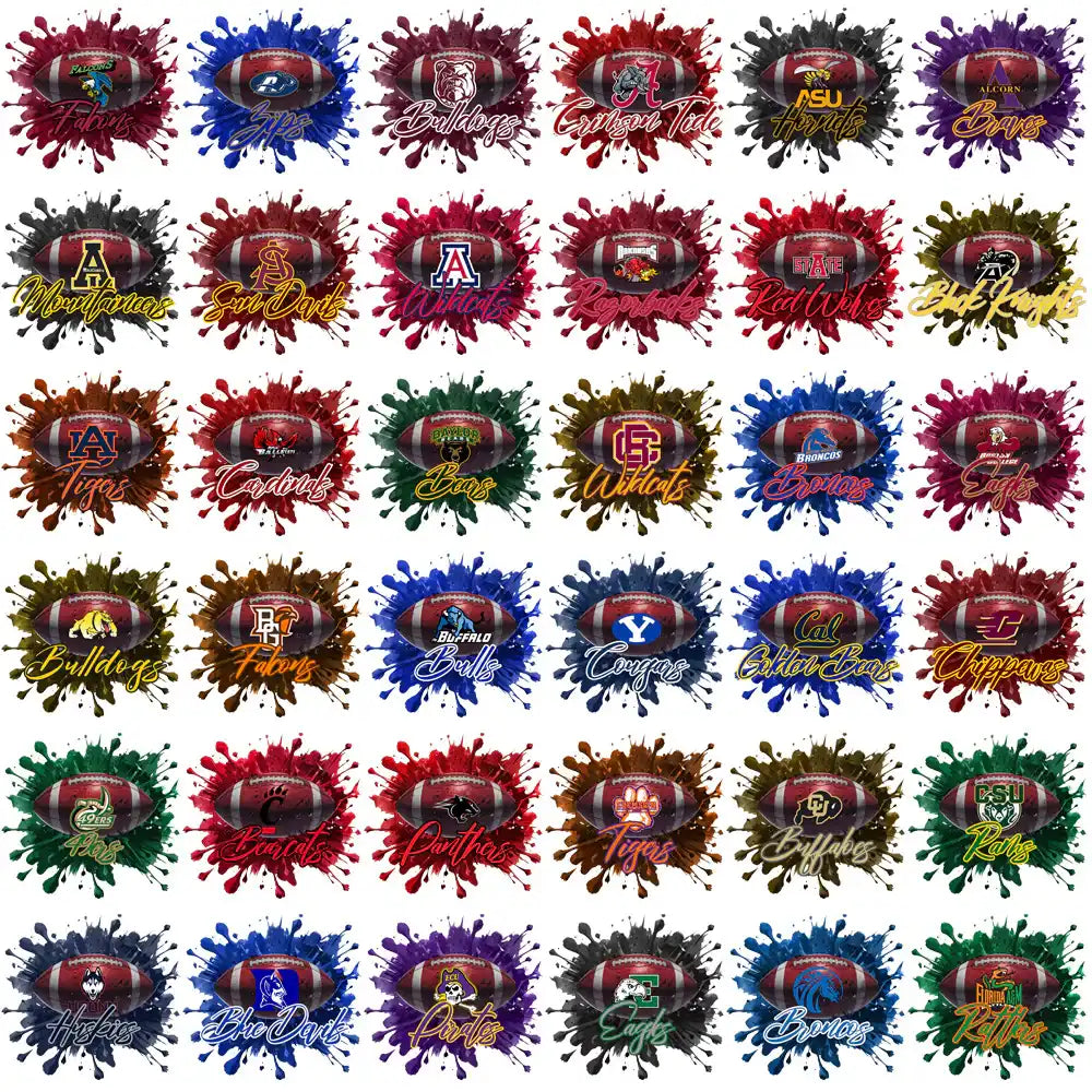College football team logos with paint splatter designs for DTF/DTG and embroidery projects