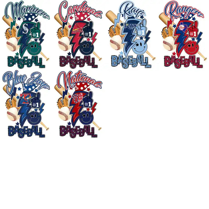 Baseball team designs with bats, gloves, and #1 fist graphics for DTF, DTG, embroidery