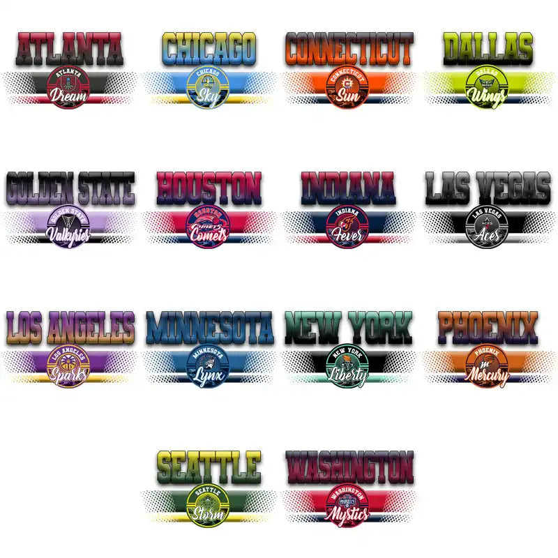Collection of WNBA team logos including Atlanta Dream, Chicago Sky, and others for print-ready designs.