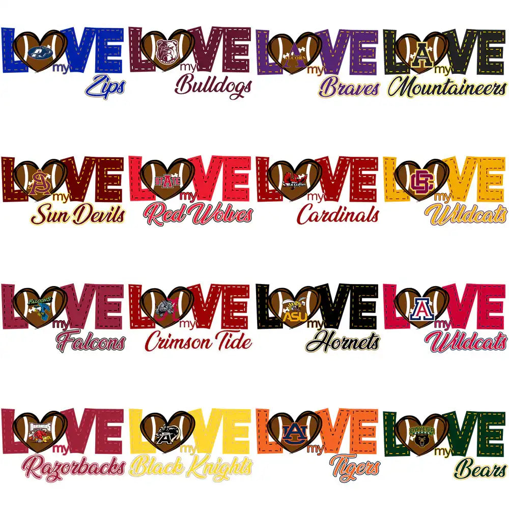 Love-themed college sports team designs for DTF/DTG and embroidery, featuring team logos and colors.