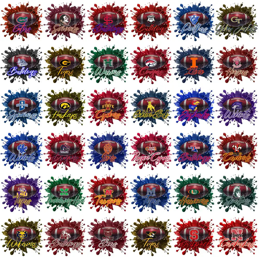 College football team logos with paint splash effects, ideal for DTF, DTG, embroidery, and tumbler designs