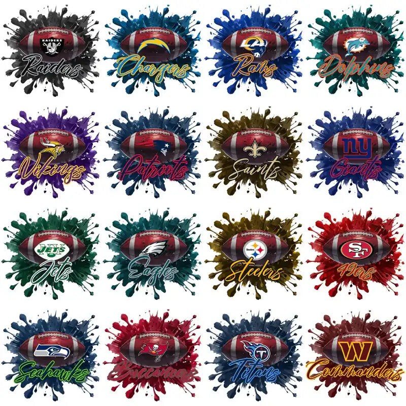 NFL team football designs with paint splatter effects for DTF, DTG, and embroidery