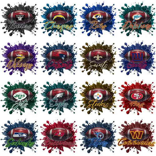 NFL team football designs with paint splatter effects for DTF, DTG, and embroidery