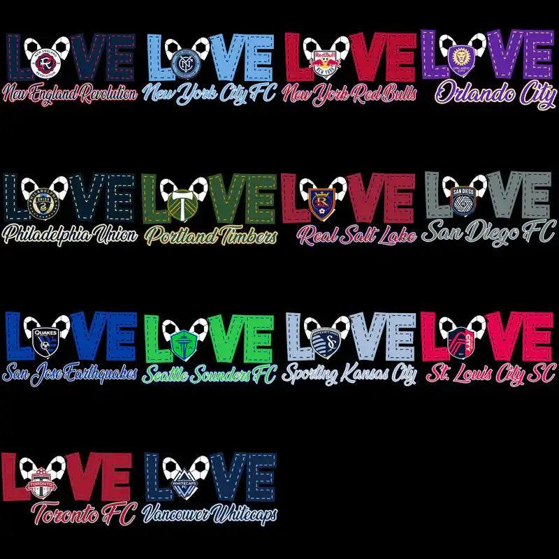 Soccer team love designs with team logos and colorful text for DTF/DTG printing