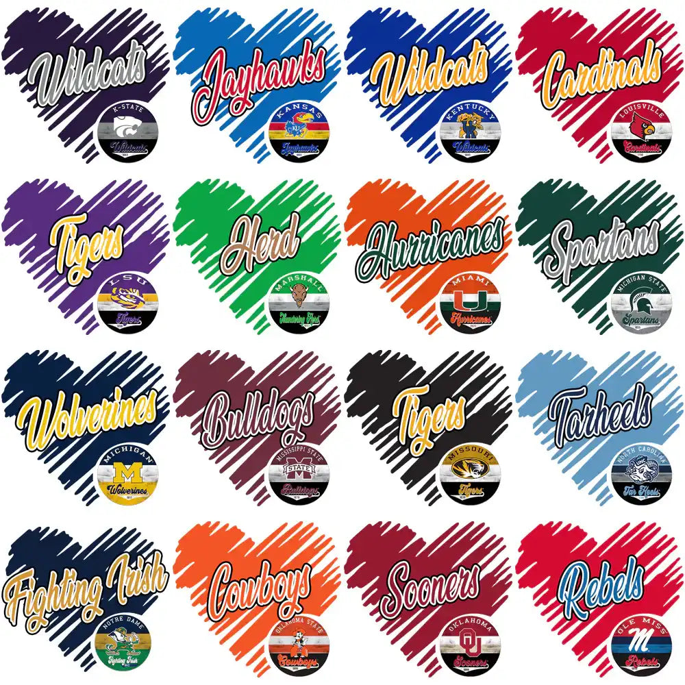 College sports team heart designs for DTF, DTG, embroidery & tumbler wraps. Print-ready PNG, SVG, PES.