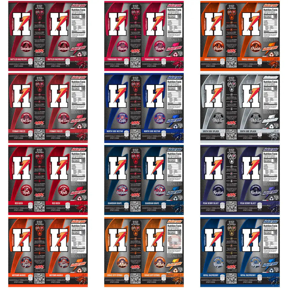 Custom sports drink labels with team logos, flavors, and nutrition facts for DTF/DTG printing
