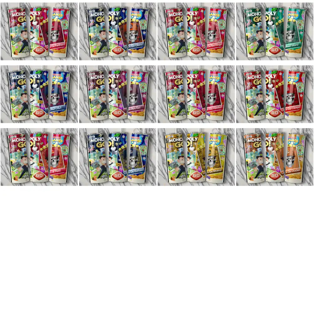 Monopoly Go! themed tumbler wraps with vibrant game graphics and team slogans for custom printing.