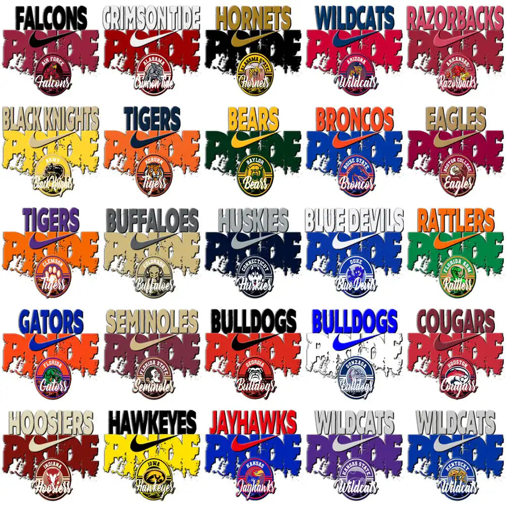 College sports team logos with Nike swoosh, ideal for DTF/DTG and embroidery designs