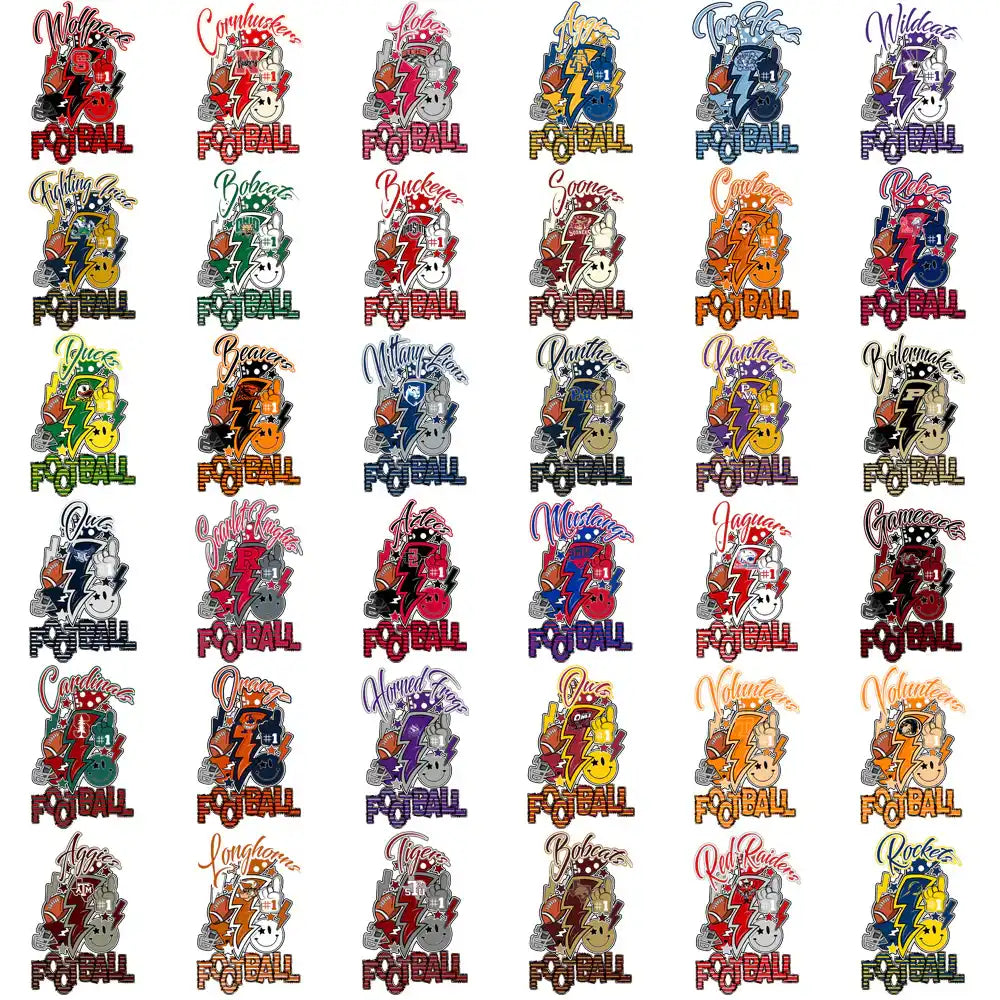 Football team logos with lightning bolts, helmets, and mascots for DTF/DTG printing designs