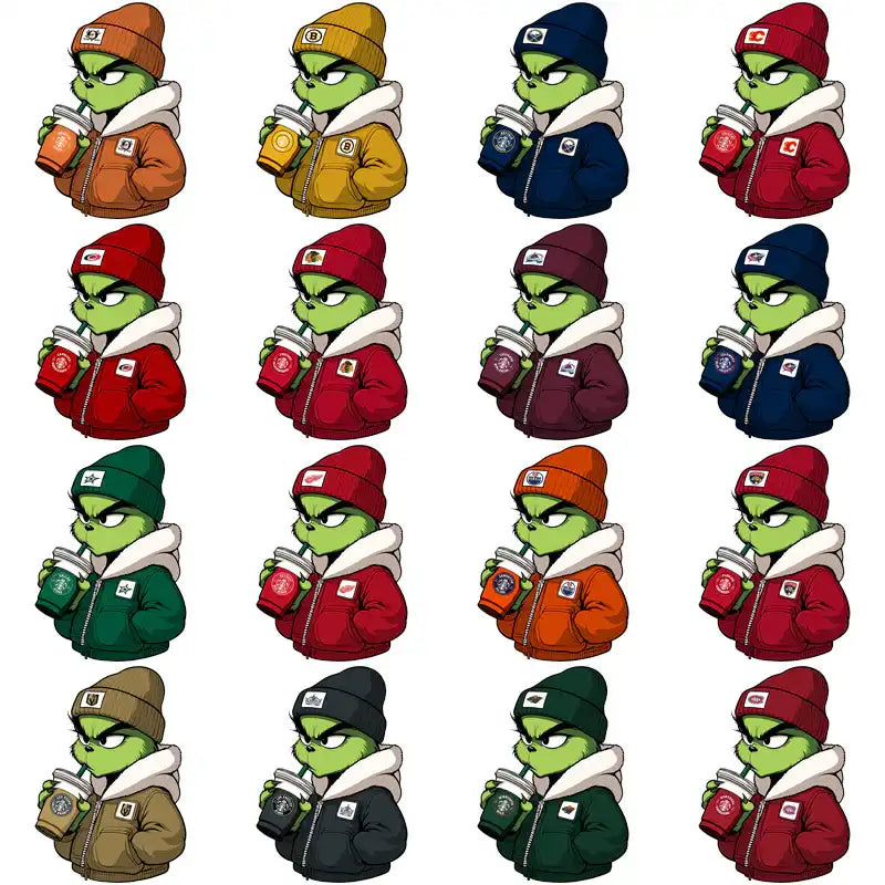 Grinch character in colorful hoodies and beanies holding coffee cups, print-ready design bundle