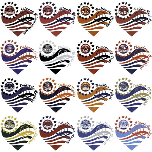 Baseball team heart designs with team logos and patriotic stripes for DTF/DTG and embroidery