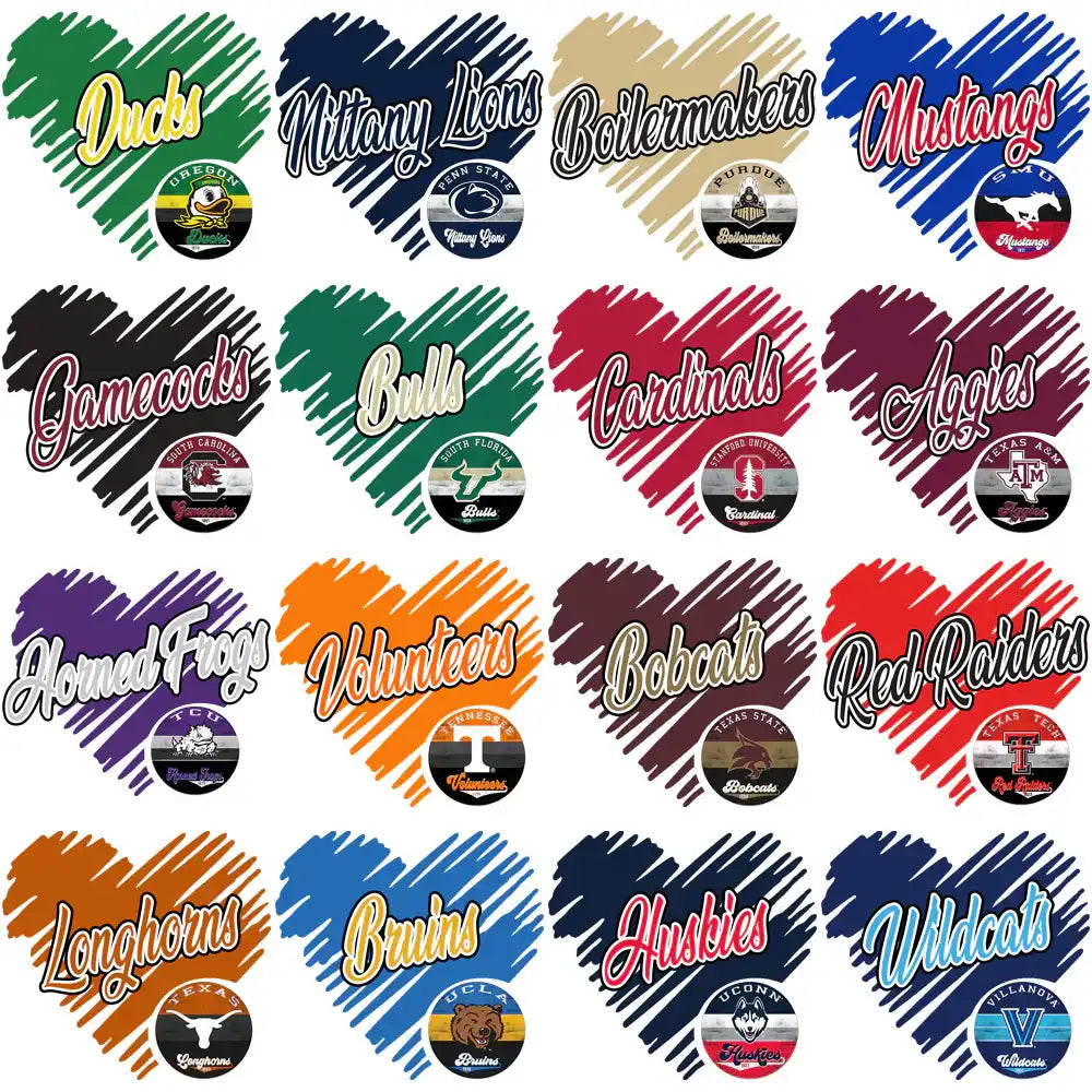 College sports team logos in heart shapes for DTF/DTG designs