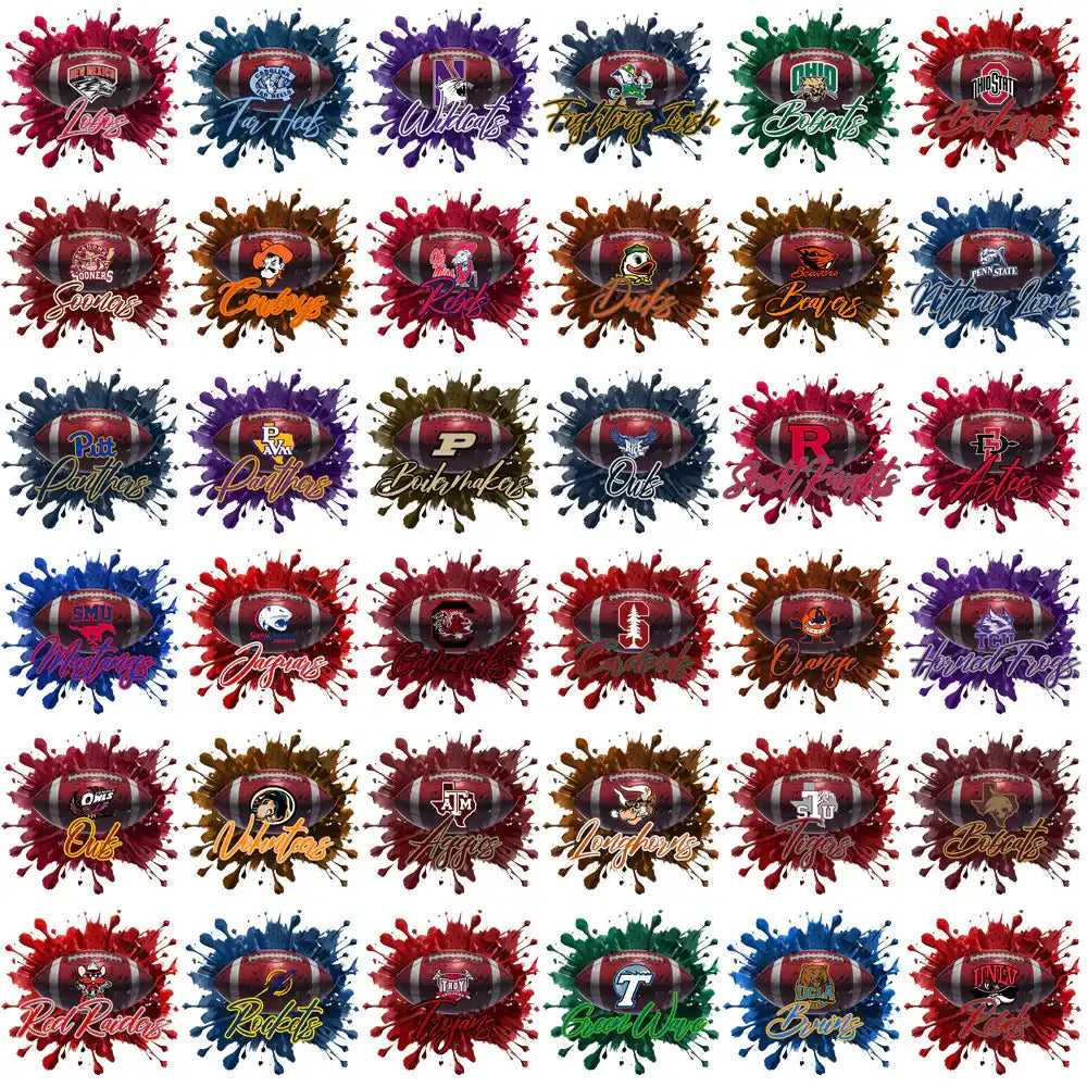 College football team logos with paint splatter designs, print-ready for DTF, DTG, embroidery