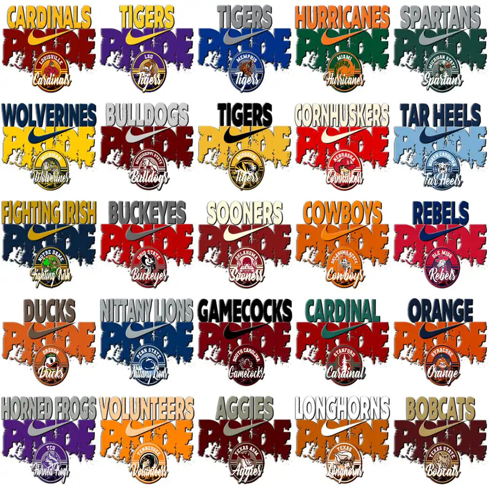 College sports team logos with Nike pride designs for DTF/DTG and embroidery