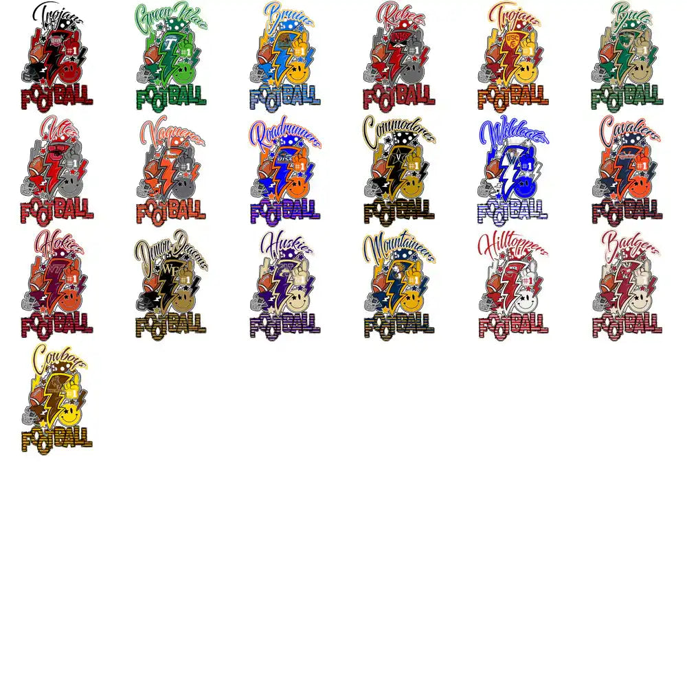 Colorful football team designs with helmets, lightning bolts, and team names for DTF/DTG printing