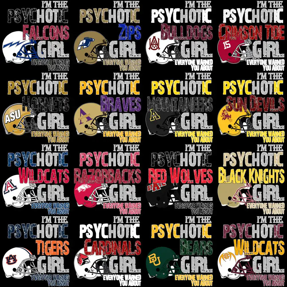 Psychotic Girl football team designs with helmets, print-ready for DTF DTG, instant download