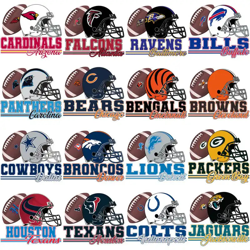 NFL team helmets and footballs with team names and cities for sports design bundles