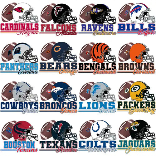 NFL team helmets and footballs with team names and cities for sports design bundles