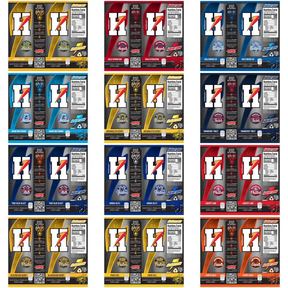 Custom sports drink labels with team logos, flavors, and nutrition facts for print-ready design bundles