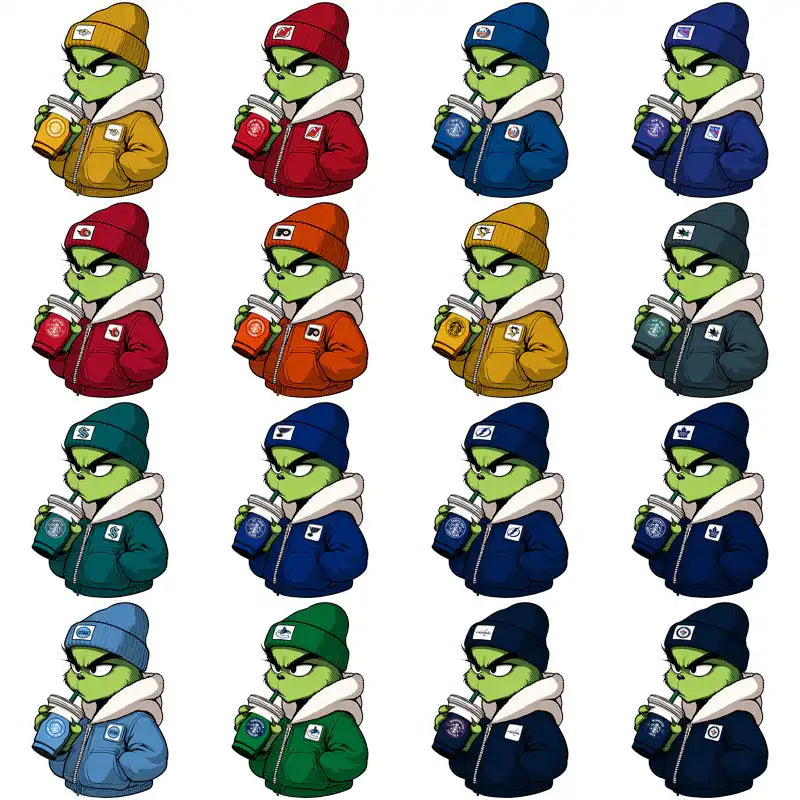 Grinch in colorful hoodies and beanies holding coffee cups, print-ready design bundle