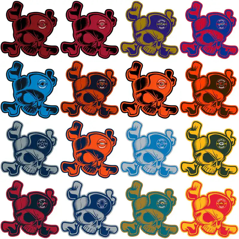 Skull and crossbones designs in multiple colors for DTF, DTG, embroidery, and tumbler wraps