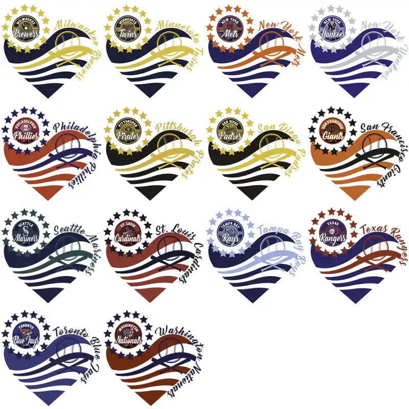 Baseball team heart designs with patriotic stripes for DTF/DTG and embroidery