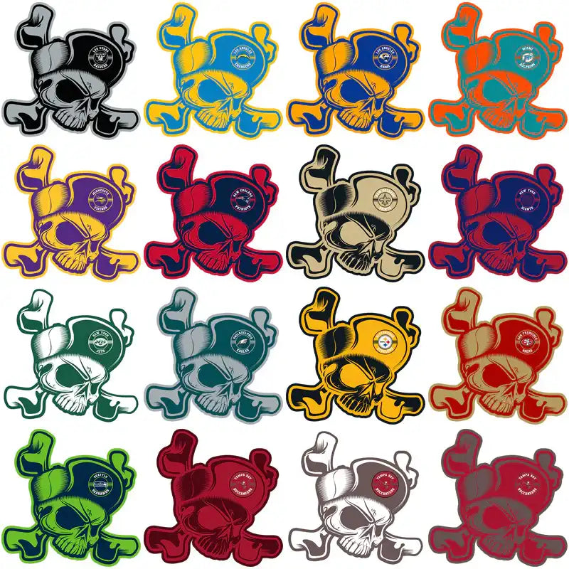 Skull and crossbones designs in team colors, print-ready for DTF, DTG, embroidery, and tumbler wraps.