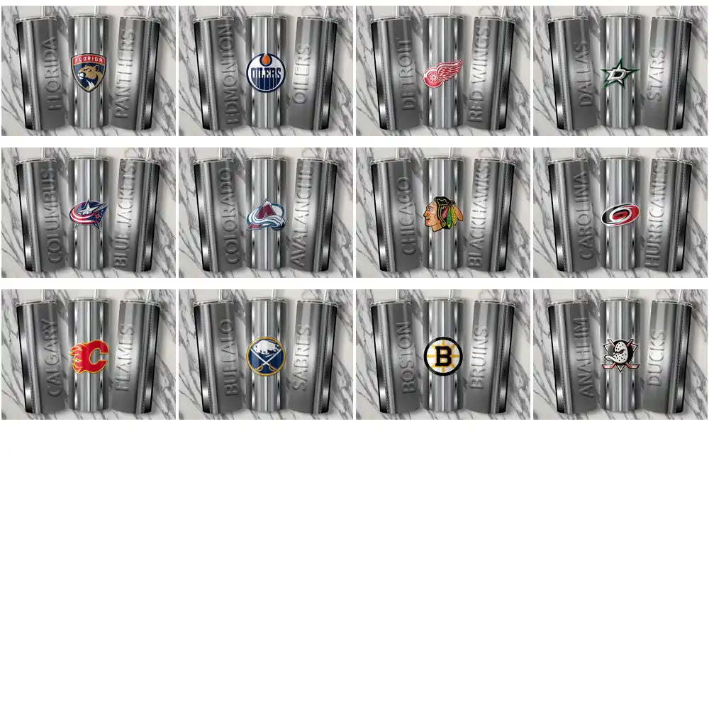 NHL team logos on metallic tumblers, perfect for sports fans and custom merchandise designs.