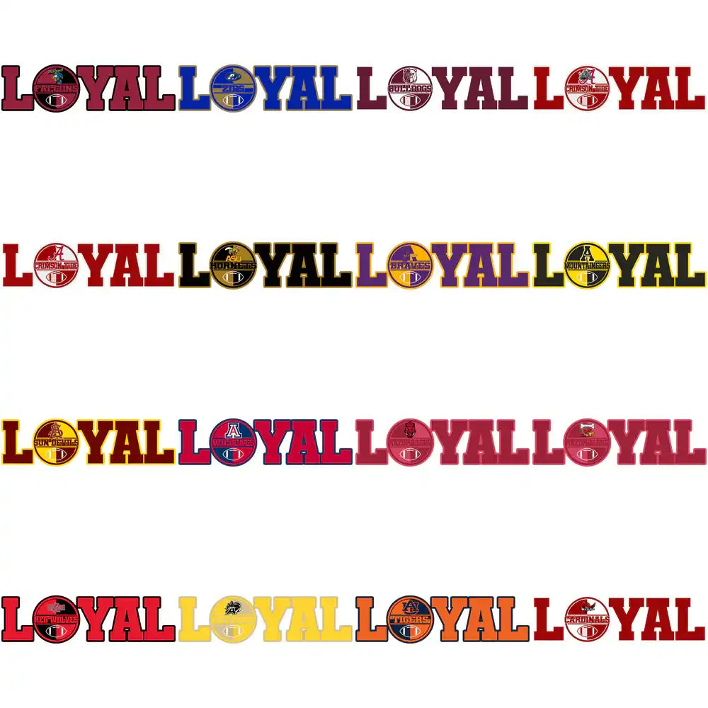 Loyal college football team logos in colorful designs for DTF/DTG and embroidery projects