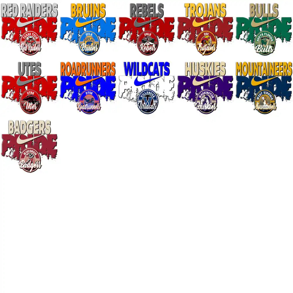 College sports team logos with Nike swoosh, including Red Raiders, Bruins, Rebels, and more for print designs.