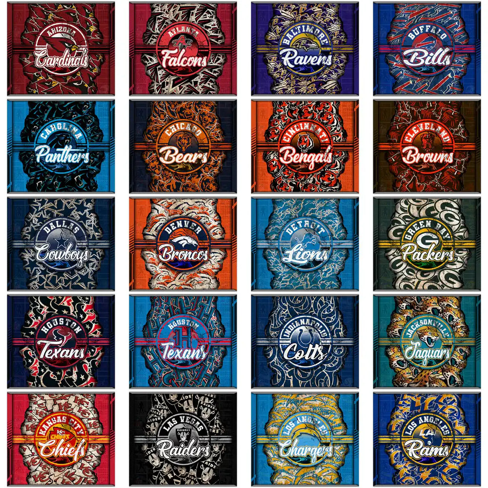 NFL team logos in vibrant, artistic designs for DTF/DTG and embroidery projects